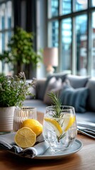 Refreshing gin and tonic cocktail with lemon and rosemary in modern interior