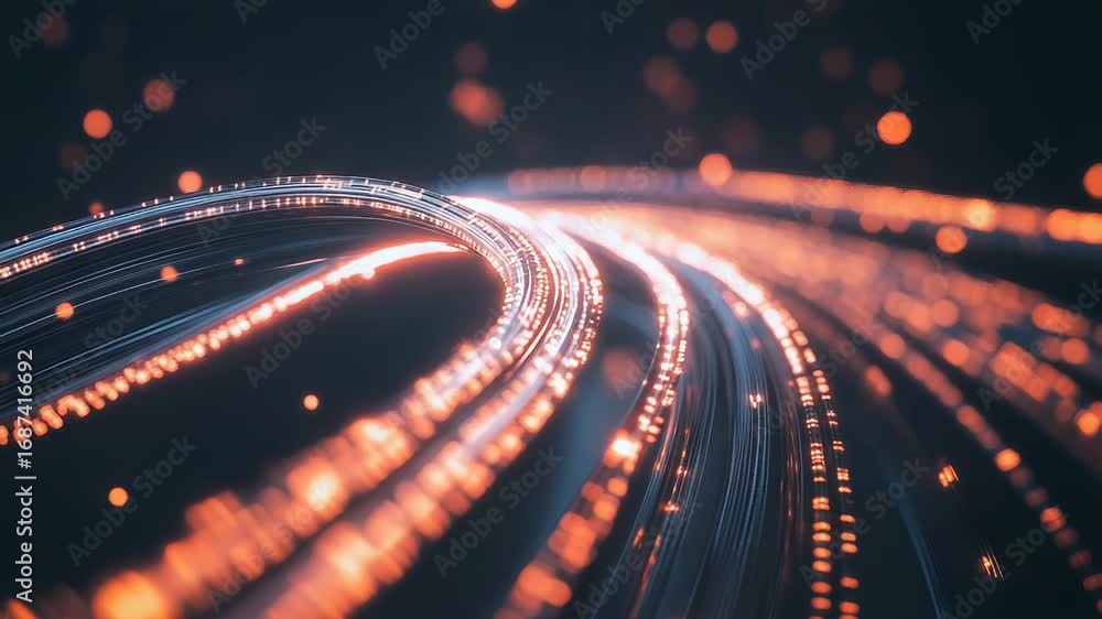 Poster fiber optic cables transferring data at high speed with bokeh effect