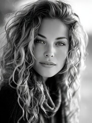 Fototapeta premium Portrait of confident young woman with curly hair showing freckles in black and white