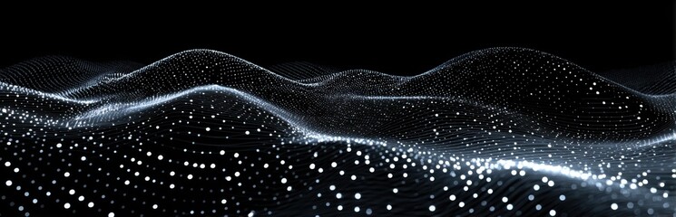 Abstract digital landscape.  Light-gray particles form undulating waves against a black background