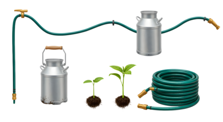 FARMING - Garden watering hose with metal watering can and young plant seedlings isolated on white background, perfect for gardening and plant care