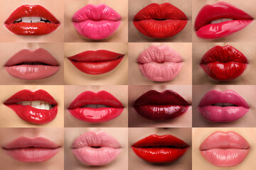 Women's lips with lipsticks of different shades, collage