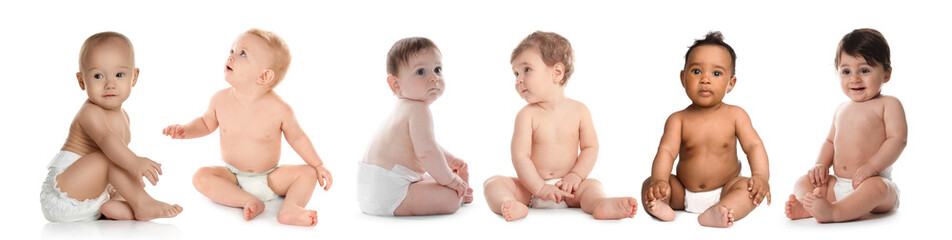 Cute little babies on white background, collage