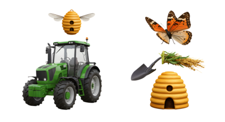 FARMING - Green tractor with bee and a beehive with butterfly and gardening tools, perfect for farming and gardening themes