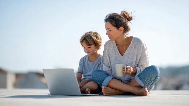 Remote working mother sharing productive moment with son on urban rooftop, embodying digital nomad lifestyle through collaborative learning and technology enabled freedom
