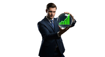 Confident businessman holding a glowing growth chart sphere, symbolizing market foresight and strategic financial success, ideal for investment reports, economic forecasts,
