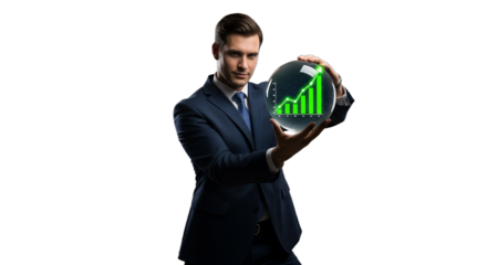 Confident businessman holding a glowing growth chart sphere, symbolizing market foresight and strategic financial success, ideal for investment reports, economic forecasts,