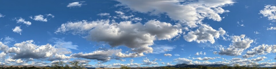 Fototapeta premium Expansive sky filled with puffy white clouds against a vibrant blue backdrop. A vast panorama of the atmosphere