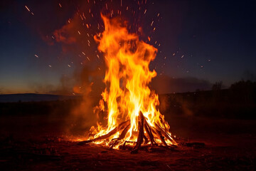 Vibrant bonfire crackles with sparks against a twilight sky, creating a warm, inviting atmosphere