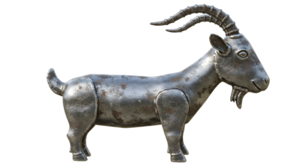 FARMING - Metal sculpture of a goat with curved horns and detailed features isolated on white background, perfect for art and design projects