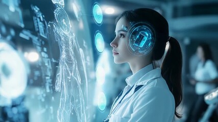 Female doctor using futuristic interface analyzing human body in medical facility - Powered by Adobe