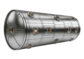A long, cylindrical, metallic structure features numerous circular ports and paneling, showcasing a futuristic, industrial design.