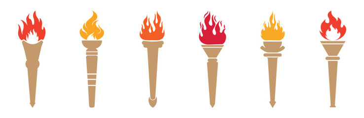 Fire flame torch icon set. Red colored torch  drawn fire flame icon collection. Hot fire on white background. Bonfire creative collection symbol of victory, success or achievement.