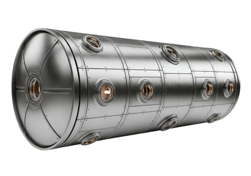 A long, cylindrical, metallic structure features numerous circular ports and paneling, showcasing a futuristic, industrial design.