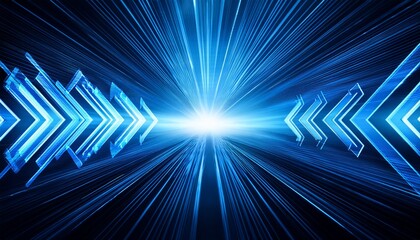 abstract image of glowing blue arrows moving rapidly towards a bright light symbolizing progress and speed a sense of futuristic technology is conveyed