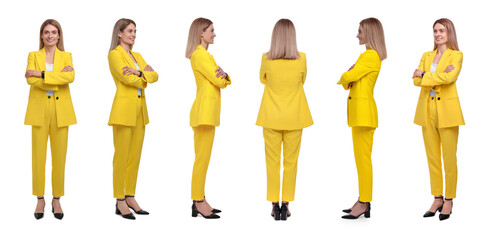 Beautiful woman in stylish yellow suit on white background, collage. View from different sides