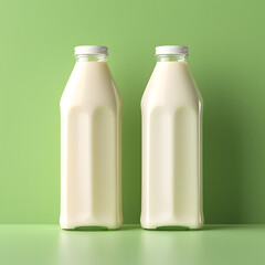 Two glass milk bottles filled with fresh dairy on green background in clean minimal food photography style