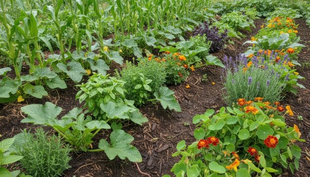 Closeup of diverse intercropping patterns with multiple crops growing harmoniously in an organic farm showcasing biodiversity and pest management.