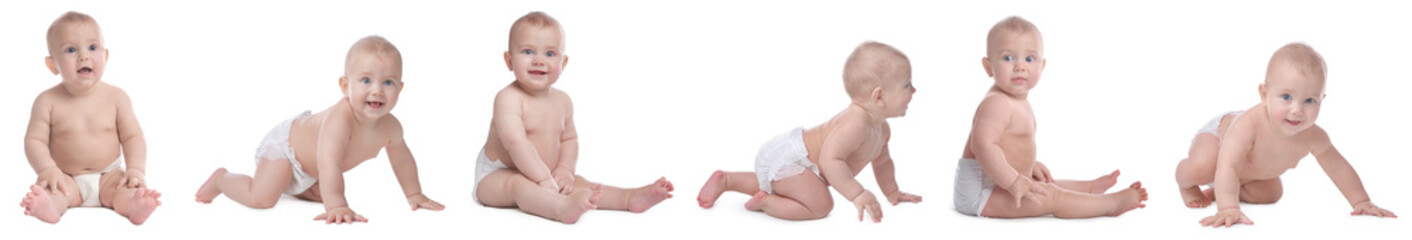 Cute little baby on white background, collage of photos