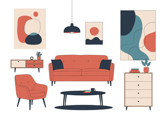 Mid century modern living room interior design elements with abstract art and furniture arrangement