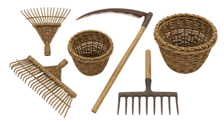 FARMING - Set of vintage garden tools including rakes, scythe, pitchfork, and woven baskets, perfect for rustic farming or gardening themes
