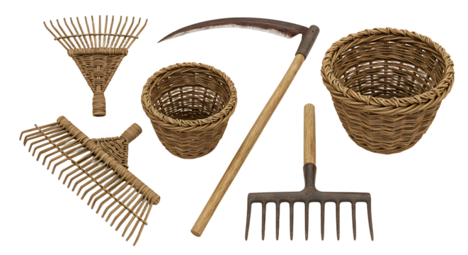 FARMING - Set of vintage garden tools including rakes, scythe, pitchfork, and woven baskets, perfect for rustic farming or gardening themes