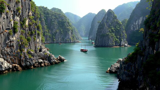 Scenic Halong Bay, Vietnam: Limestone Karsts, Emerald Waters, and Traditional Junk Boat Sailing Through the Islands