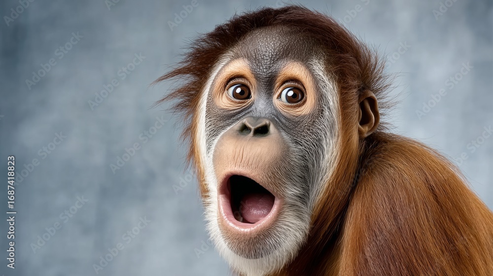 Poster a monkey with a surprised expression on its face. the monkey is looking at the camera and has its mo