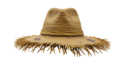 FARMING - Straw hat with wide, fringed brim isolated on white background, perfect for summer and outdoor activities