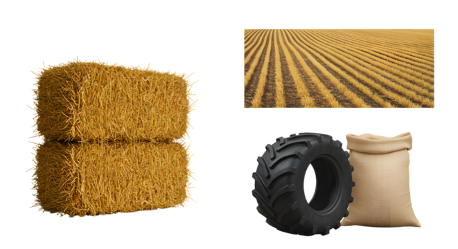 FARMING - Stacked hay bales, farmland rows, tire, and burlap sacks representing agricultural farming and rural industry