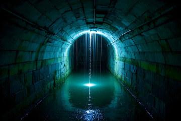 Mysterious glowing tunnel with falling water creates an ethereal, otherworldly atmosphere