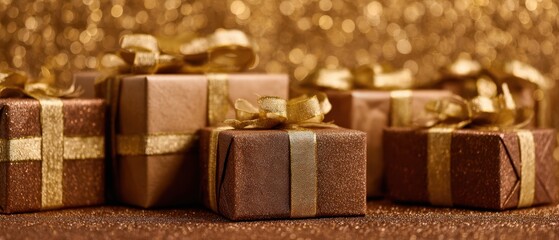 The beautiful arrangement of elegantly wrapped gifts with golden accents.