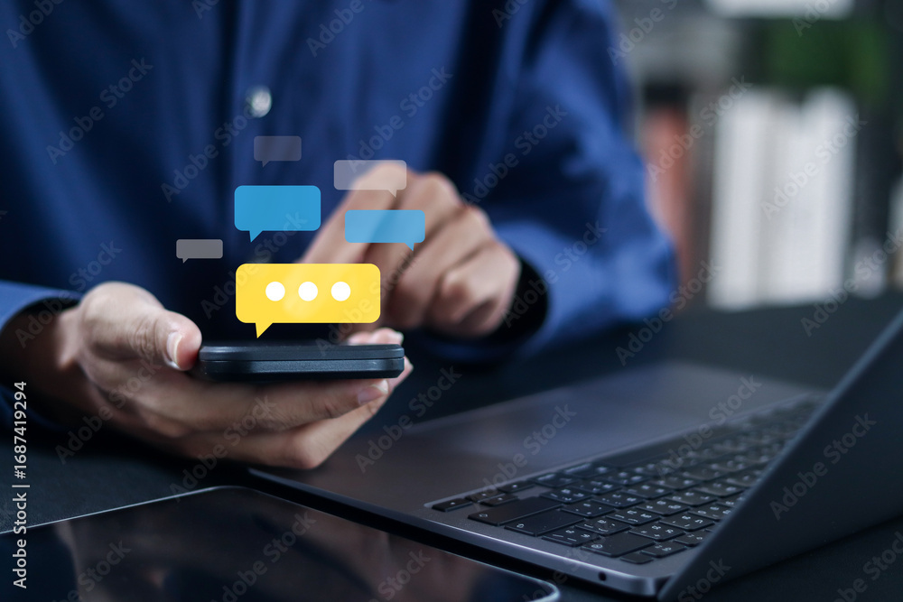 Poster chat conversations, digital chatbot, conversation assistant, and ai artificial intelligence. person 