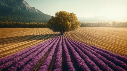 Lavender Fields, Sunrise, Tree, Mountain