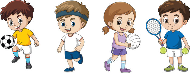 Cartoon children, sports activity, soccer, running, volleyball, tennis, athletic kids, vector illustration, playful design, fitness theme, school exercise, teamwork