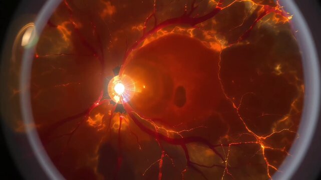 Detailed ophthalmic fundus image showing the intricate network of blood vessels, macula, and optic nerve within the human eye
