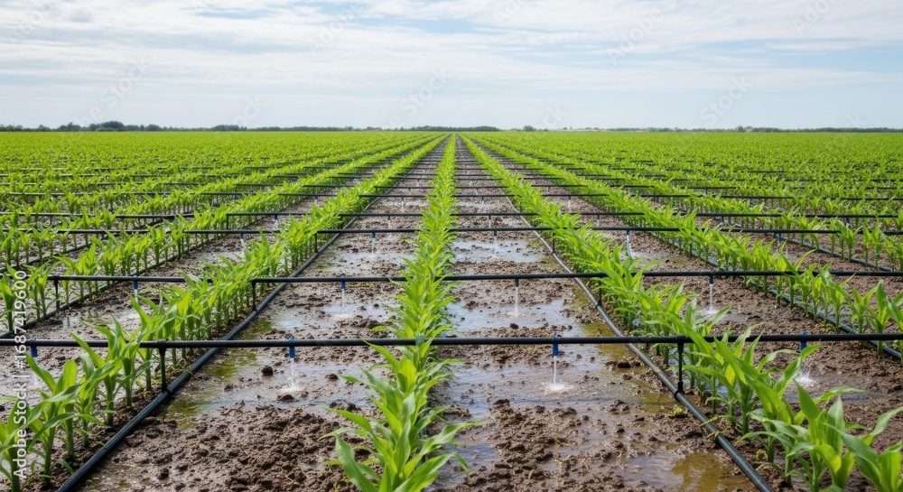 Poster medium shot showing broadcoverage drip irrigation system distributing water evenly across a large ag