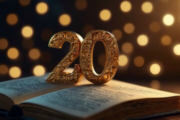 Golden number twenty rests on open book with bokeh lights