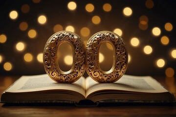 Ornate golden rings resting on an open book with bokeh lights