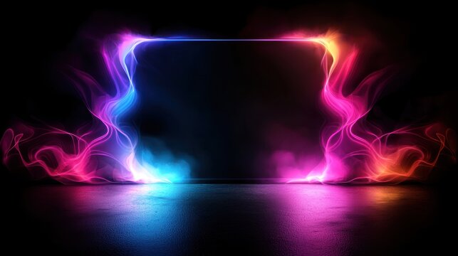 Electrifying neon light frame pulsating with vibrant energy and ethereal smoke, casting reflections on a dark glossy surface, symbolizing digital power and innovation