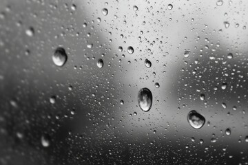 Close-up of raindrops on a window, grayscale