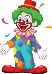 Cartoon clown character illustration, circus performer icon, colorful party mascot, cheerful entertainment figure, festive costume design, playful celebration artwork, children&rsquo;s event graphic