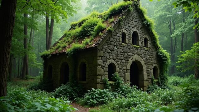 ruined ancient stone house overgrown with plants and ferns in dense green forest