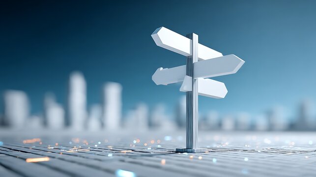 Blank signpost offers direction choices in modern city landscape