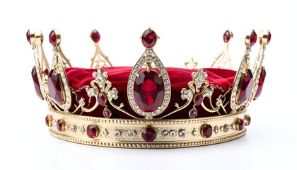 Ornate gold crown with red gemstones and velvet
