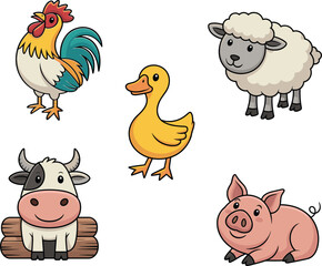 Cartoon farm animals, rooster, sheep, duck, cow, pig, cute illustration, children’s design, vector set, playful characters, educational content