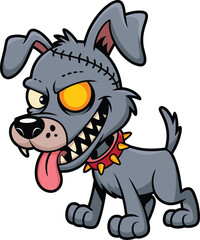 Cartoon fierce dog, aggressive character, vector animal, scary pet, glowing eye, spiked collar, muscular body, wild expression, comic style