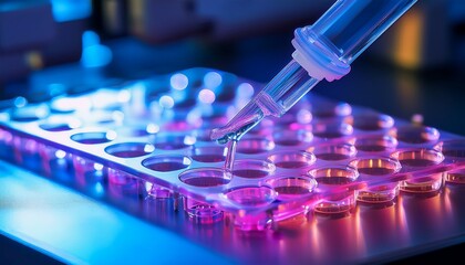 a multi channel pipette dispenses liquid samples into a microplate illuminated by vibrant blue and pink laboratory lighting