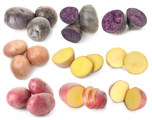 Different types of raw potatoes isolated on white, collage. Whole and cut