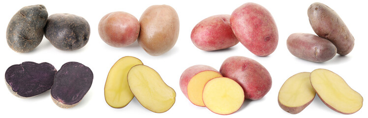 Different types of raw potatoes isolated on white, collage. Whole and cut